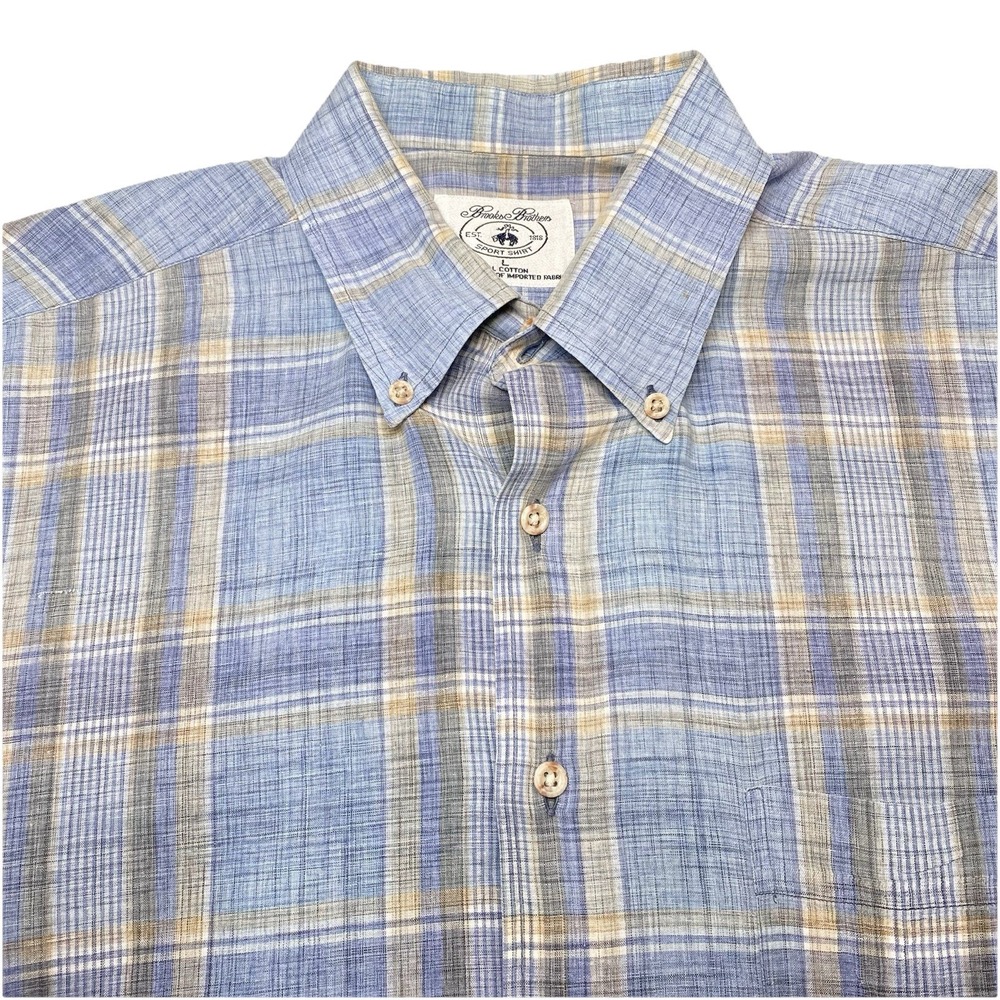 90s Brooks Brothers Sport Shirt L Mens L/S Button Down Cotton Blue Plaid USA
